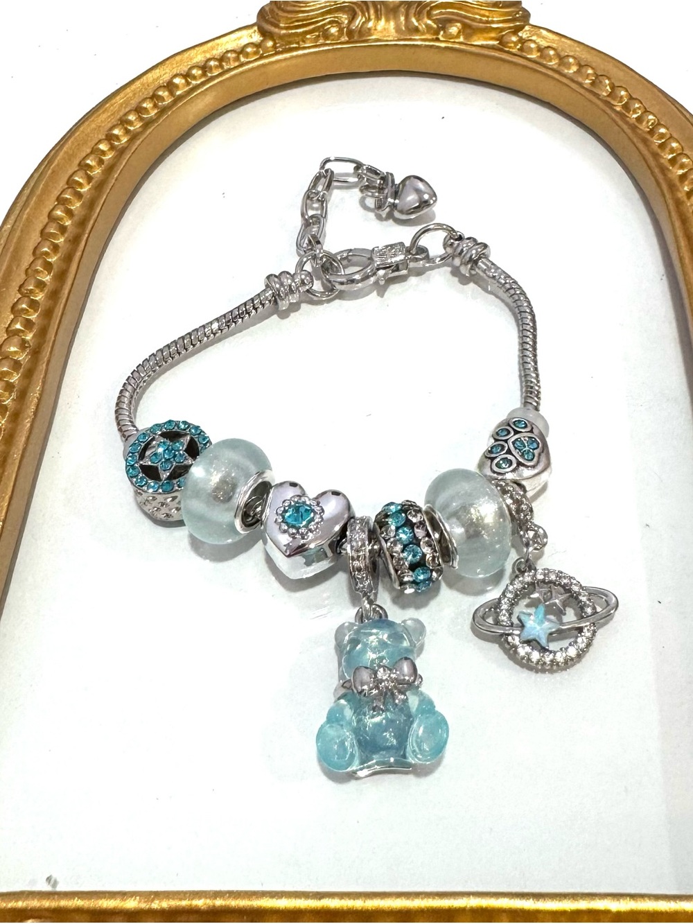New Stainless Steel Blue Charm Bracelet with Teddy and Planet Pendants